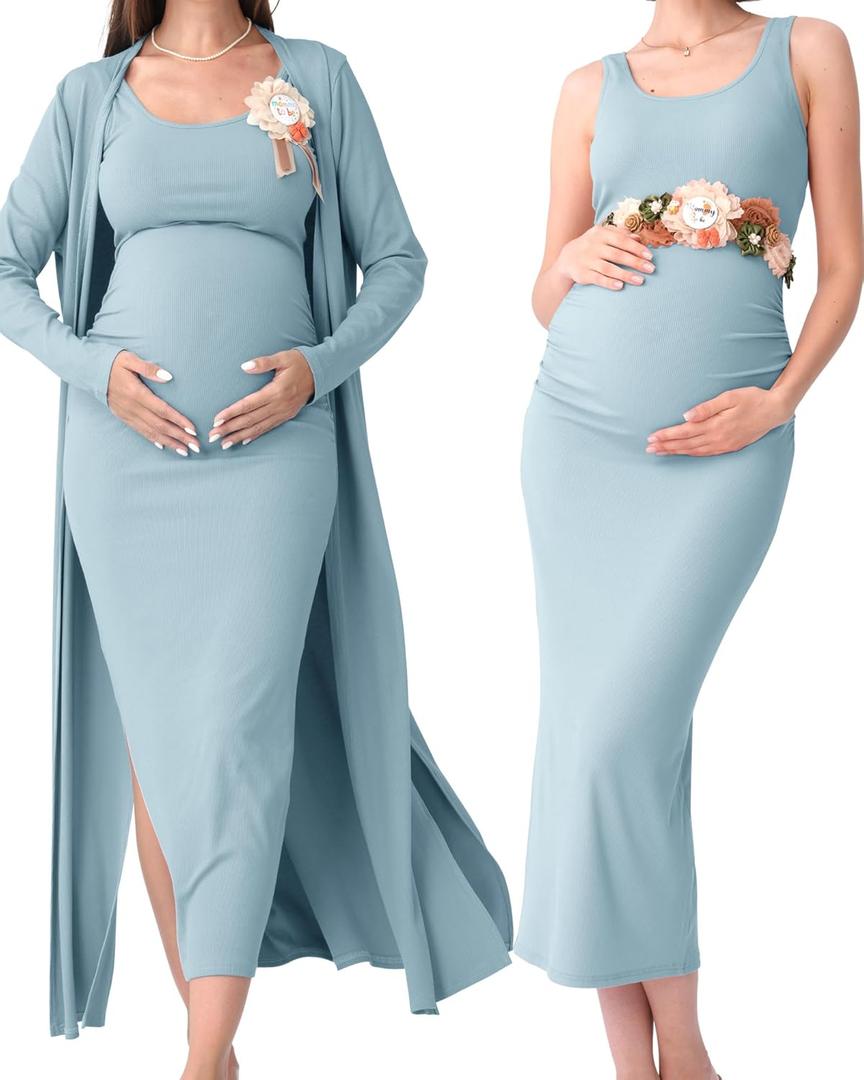 Rnxrbb 2 PCS Spring Summer Maternity Dress Cardigan Set Bodycon Maxi Formal Dresses Boho Baby Shower for Women, Medium