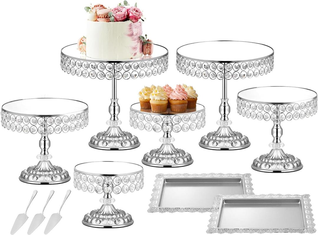 12-Piece Silver Cake Stand Set, Vintage Cake Stand with Crystal Edge and Cupcake Display Tray, Dessert Table Display Set for Wedding, Party, Baby Shower, Anniversary Celebration