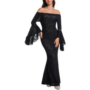 HOYISHION Women's Off The Shoulder Floral Lace Maxi Dress White Bridesmaid Wedding Party Maternity Photoshoot Long Dresses, X-Large