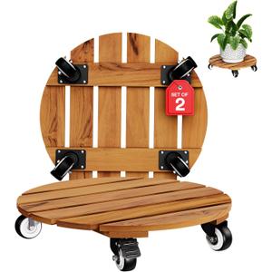 Idzo 2-Pack 14 Inch Acacia Wood Rolling Round Plant Caddy, Plant Caster for Heavy Duty Plant Stand with 360 Lockable Wheels, 264 lbs Capacity Caddy for Indoor and Outdoor Use, Natural Wood