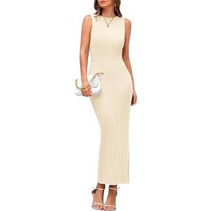 PRETTYGARDEN Women's 2025 Summer Casual Maxi Dresses Ribbed Knit Sleeveless Bodycon Elegant Going Out Beach Vacation Clothes, Size M