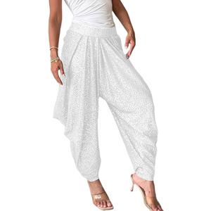 Women's Sequins Lantern Tapered Harem Pants Bling Trousers Baggy Slacks Sparkle Dance Palazzo Hippie Pants (Large)