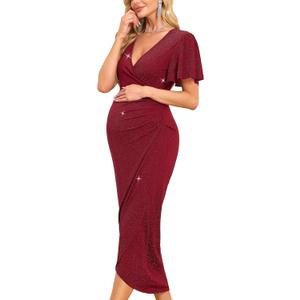 AISWI Womens Maternity Wrap Dress V Neck Ruffle Sleeves Semi Formal Baby Shower Photoshoot Party Cocktail Pregnancy (Red, M)