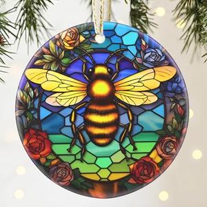 Pack Of 2 Bee Ceramic Christmas Hanging Ornament, 3.5 Inch - Bee Decor for Christmas Tree, Gift Exchange or Holiday Presents