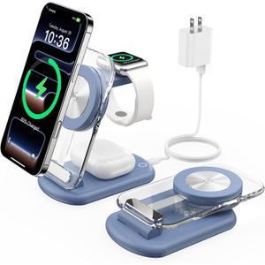 3 in 1 Magnetic Wireless Charging Station for Apple Devices, Fast Foldable Travel Mag-Safe Charger Stand with Night Light for iPhone 17 16 15 14 13 12 Series, Apple Watch/AirPods Pro, BU
