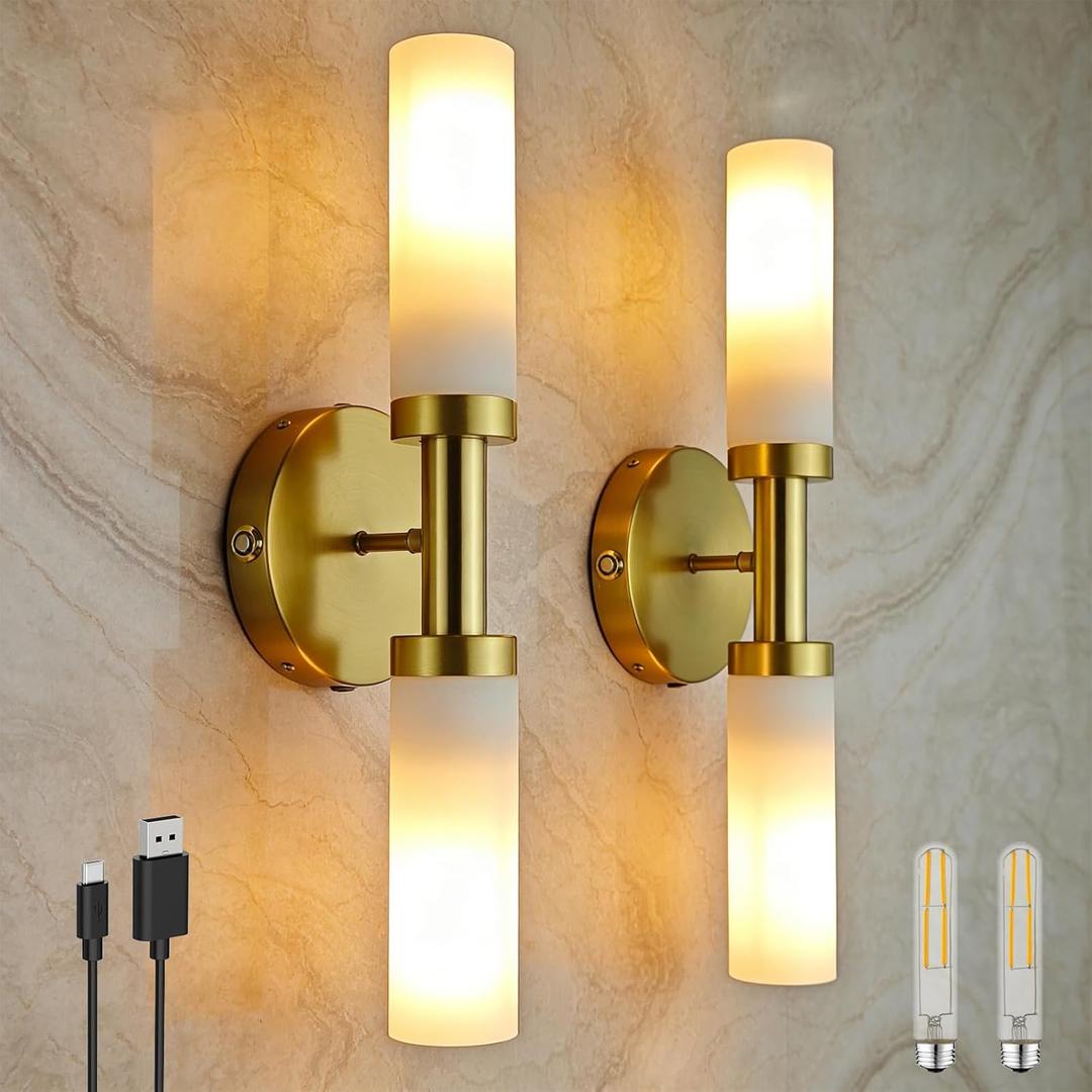 Dimmable Gold Battery Operated Wall Sconce, Rechargeable Bathroom Wall Lights Wireless Easy Install, Brass Modern Wall Lamp for Living Room Hallway Over Mirror Indoor