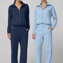 QINSEN Women's 2 Piece Outfits Long Sleeve Zip Up Lapel Sweatshirt Wide Leg Pants with Pockets Matching Sets Sky Blue, M