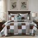 Finlonte Quilts Queen Size - 100% Cotton Queen Comforter Set Brown Green White Plaid Farmhouse Quilt Bedding Set, Reversible Lightweight Soft Bedspread, Quilted Coverlet All-Season, 3-Piece (Queen (90"x98"))