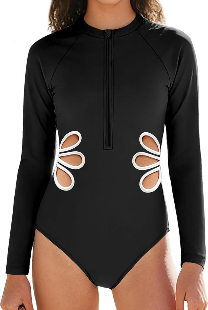 Girls Rash Guard Swimsuit UPF 50+ Long Sleeve Side Cutout Girl One Piece Swim Suit Bathing Suit Girls Swimwear  (15-16 Years, Black)