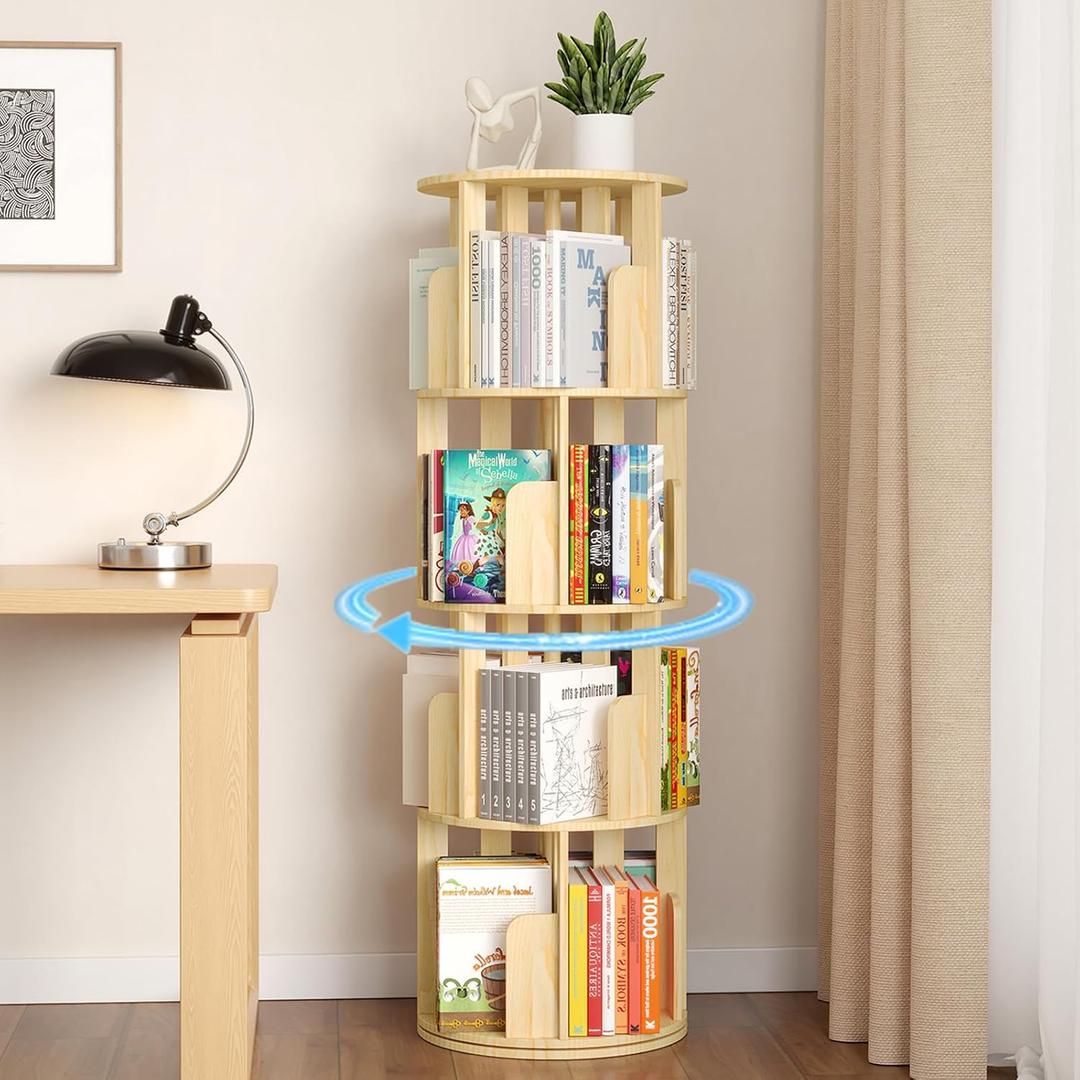 YGYQZ Solid Wood Rotating Bookshelf, 4 Tier Floor Standing Bookcase for Kids & Adult360 Display Narrow Book Shelf Organizer Storage Rack for Bedroom, Living Room, Study Room (4 Tier-Wood) (Natural Wood Finish)