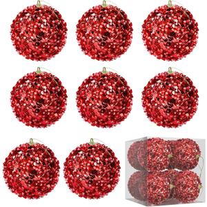 MCEAST 8 Pieces 4 Inches Christmas Ball Ornaments Sequin Glitter Ball Decorative Xmas Baubles Set Festive Hanging Ornaments for Xmas Tree House Holiday Wedding Party Decoration, Red