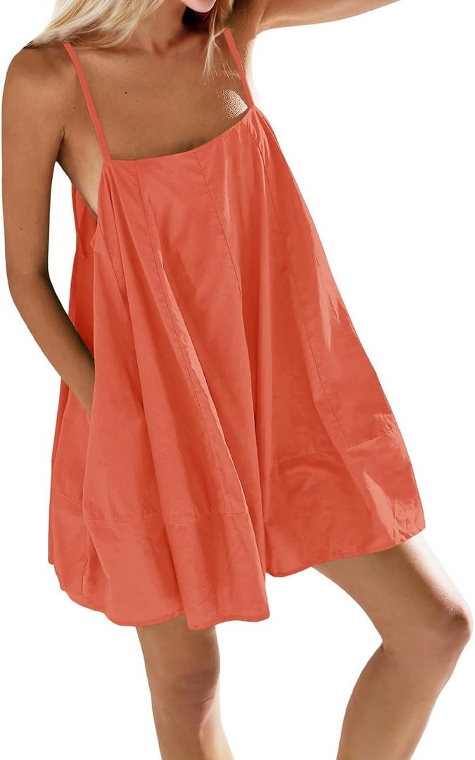 Fisoew Womens Oversized Spaghetti Strap Mini Dress Sleeveless Flowy Casual Summer Dresses, Large