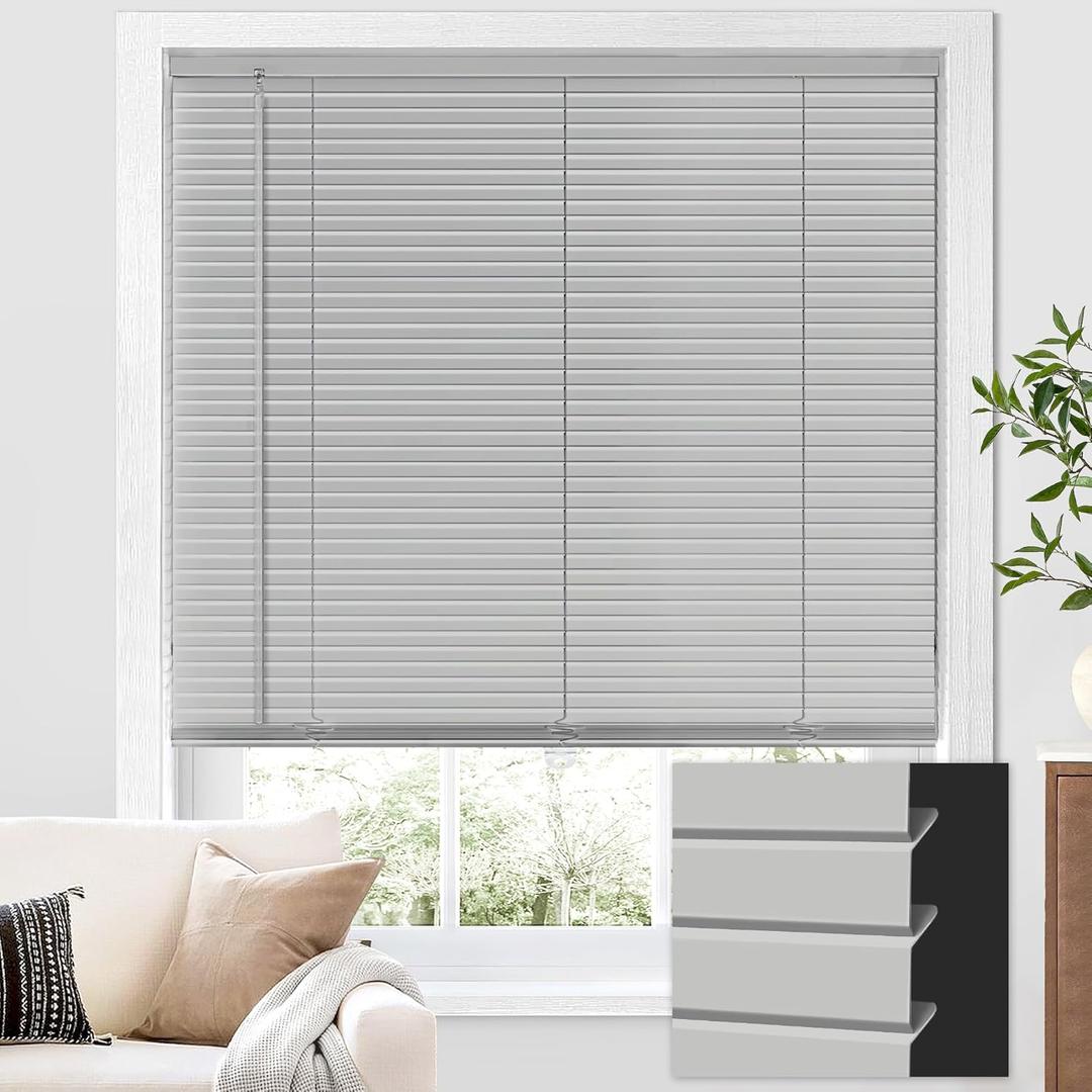 Aluminum Cordless Mini Blinds for Indoor Windows Room Darkening 100% Privacy 1" L-Shaped Blades Window Blinds for Home, for Window Size 48" W  64" H, Silver Grey