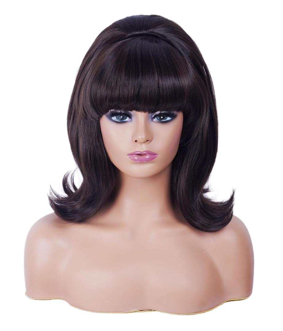 Rugelyss Short Wavy Dark Brown Chocolate Wig with Bang Big Bouffant Beehive Wigs for Women fits 80s Costume or Halloween Party
