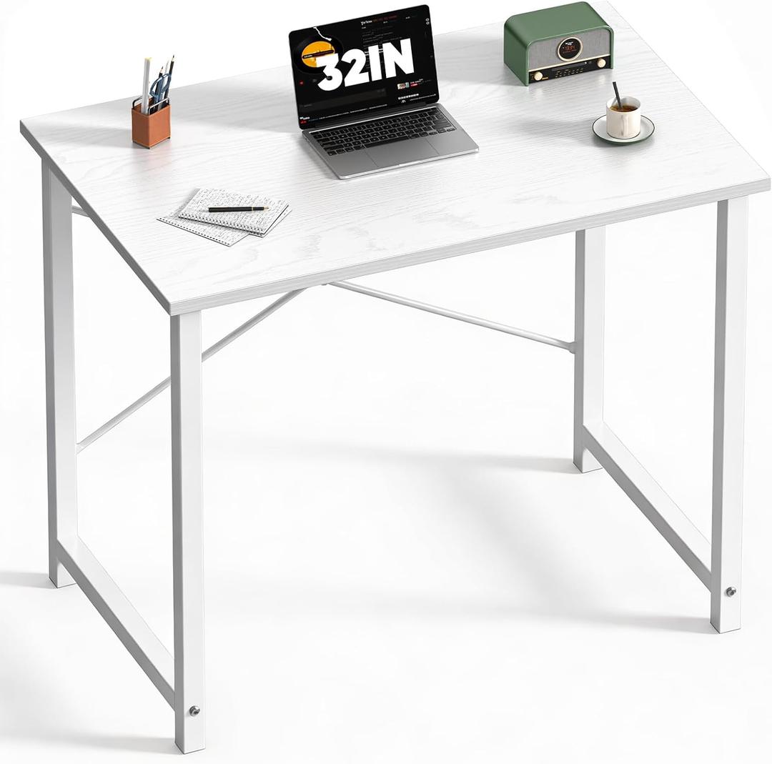 Sweetcrispy Computer Small Desk, 32 Inch Office Writing Work Study Student Home Bedroom Table with Metal Frame Wooden Tabletop No Wheels - White Wood