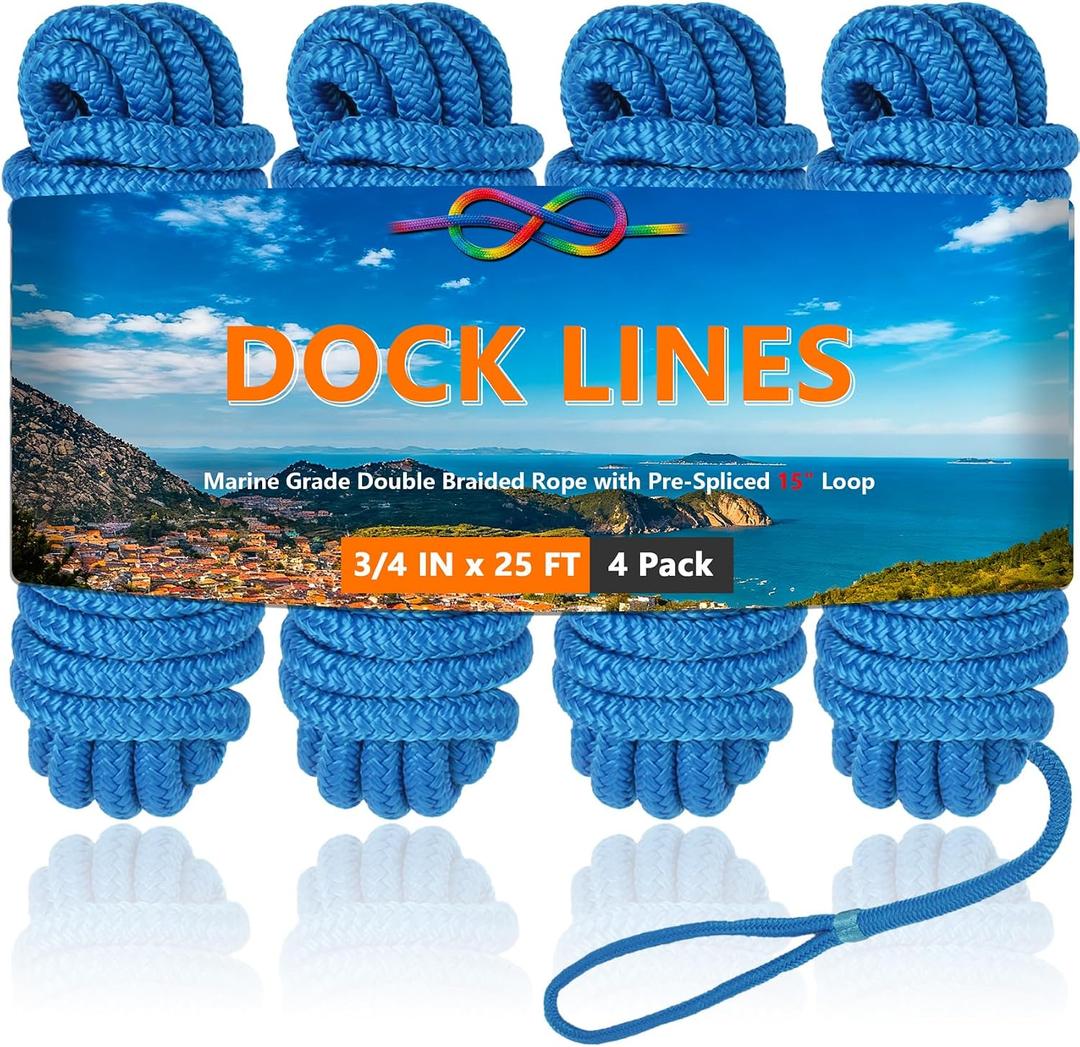 3/4" x 25' Dock Lines 4 Pack, Boat Dock Lines Double Braided Mooring Ropes with Pre-Spliced 15" Loop, Boat Rope Marine Rope High Strength for Docking Tie Down (Lake Blue)