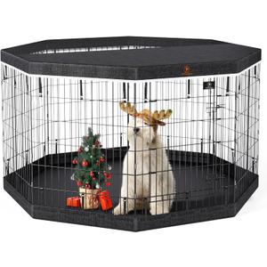 PJYuCien Dog Playpen, 8 Panels 36H Dog Pens Indoor with Bottom Pad and Top Cover, Metal Foldable Pet Puppy Exercise Fence Crate Kennel, Better for Medium Animals,Black