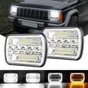 BESTZHEYU 2PCS 5x7 Headlights Pair Compatible with Chevy Express 1500 2500 3500 Cargo Van F-150 F-250 F-350 Wrangler YJ Cherokee XJ Kenworth T300 Hi/Low Sealed Beam White/Amber Halo