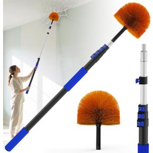 26FT Reach Cobweb Duster, Outdoor Spider Web Cleaner Brush with 5-20FT Telescoping Extension Pole, Aluminium Heavy Duty, Medium Stiff Bristles Spider Web Brush for Outdoor & Indoor Cleaning