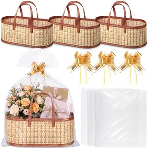 Reallnaive 3 Sets Empty Gift Baskets to Fill Large Bamboo Woven Baskets with Handles 15.8 x 7.9 x 6.3 inch Includes Clear Wrap Bags and Bows for Raffle, Baby Shower, Graduation,Wedding