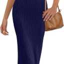 MEROKEETY Women's Summer Spring Midi Dress 2026 Beach Vacation Bodycon V Neck Casual Sleeveless Ribbed Knit Sweater Dresses (Navy,Small)