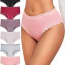 FINETOO 6 Pack Cotton Underwear for Women Cute Bikini Panties Sexy Lace Waist Briefs Soft Breathable Women's Cheeky M