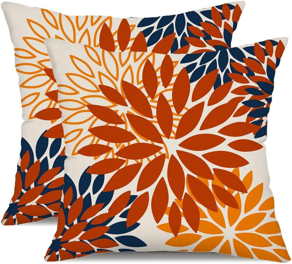 DFXSZ Orange Blue Flower Pillow Covers 16x16 Inch Set of 2 Fall Throw Pillows Outdoor Waterproof Decor for Living Room Sofa Patio Funiture Garden Floral Polyester Pillow Covers 012C16