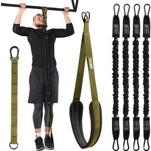 Pull Up Assistance Bands - 4 Heavy Duty Pull Up Bands with Adjustable Strap and Foot Rest - Stackable Pull Up Assist Band Set for Pull Up Bar - Resistance Bands for Pull Ups Chin Ups Strength Training (Military Green)