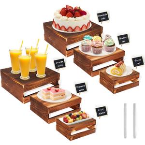 6 Pcs Buffet Risers with Mini Signs, Rustic Wood Cake Stands, Food Risers for Buffet Table, Dessert Display Stand, Wood Crates, Rustic Cake Stand for Party, Wedding, Birthday, Baby Shower, 3 Sizes