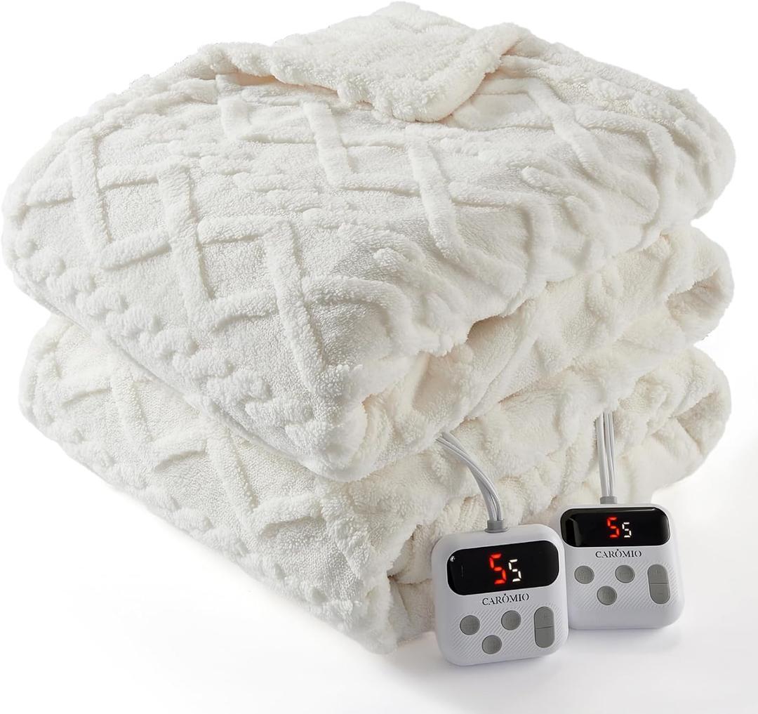CAROMIO Electric Blanket Queen Size Dual Control - Thick Tufted Sherpa Heated Blanket Queen with 10 Heating Levels and 10 Time Settings, ETL Certified Fast Heating Blanket Queen Size 84"x90", White