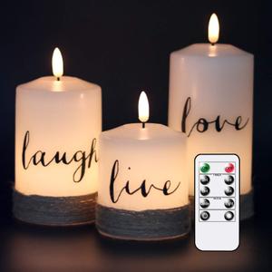 GenSwin Battery Flameless Candles with 10-Key Remote Timer, Real Wax Pillar LED Candles Live Laugh Love, Realistic 3D Wick Flickering Gift (D3 x H4.7 5.7" 6.7", Pack of 3)