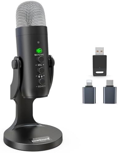ZealSound Wireless Microphone,USB Mic for iPhone PC iPad Android Phone-Cordless Condenser Desktop Microphones with Mute Echo Monitor Volume Gain 2.4GHz for Podcast,ASMR,Gaming,YouTube Video/K66 Black