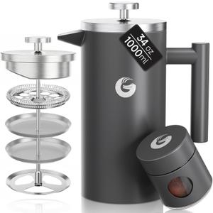 Coffee Gator 304 Grade Stainless Steel French Press Coffee Maker 34 oz, Double Wall Insulated Hot Cold Brew Teapot with 4-Level Filtration System, Include Travel Jar Canister, Kitchen, Gray