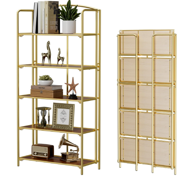 Crofy 5-Tier Wider Foldable Bookshelf, Gold Frame & Walnut Shelves | Collapsible Portable Storage Organizer; Sturdy Walnut Finish Shelves; Ideal for Living Room & Home Office