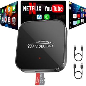 Wireless Carplay & Android Auto Adapter Built in Netflix YouTube, 3-in-1 Car Play Ai Box Convert Wired to Wireless CarPlay,Upgraded Dual-Band WiFi, TF Card, Video Box for iPhone/Android, Plug & Play