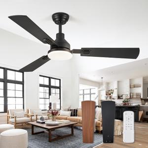 52 Inch Ceiling Fan with Light, 3 Blade LED Ceiling Fans with Remote, Quiet Reversible DC Motor, Dual Finish Blades, Farmhouse Ceiling Fans for Indoor&Outdoor, Bedroom, Kitchen (Black)