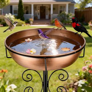 3" Deep 43" Tall Metal Bird Bath for Outdoors, 12" Dia Removable Bird Baths Water Bowl for Outside, Vintage Standing Birdbaths with Stable Stake for Garden Yard Lawn Decor 1.4 Gallon (Golden Bronze)