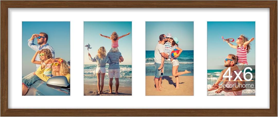 decorUhome 8x20 Picture Frames Collage Wall Decor, Display 4Pcs 4x6 Photos with Mat or 1Pcs 8x20 Unmatted, 4 4x6 Collage Picture Frames for Wall Mounting, Brown