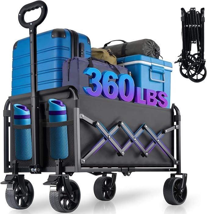 360LBS Collapsible Wagon Cart Foldable  Heavy Duty Portable Utility Folding Beach Wagon Cart with 360° Swivel Wheels & Brakes for Groceries Garden Beach Sports Shopping Camping