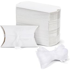 Kegeeei 200 Pack 5.2 x 3 Inches White Pillow Gift Boxes with Ribbon, Elegant Paper Favor Boxes for Wedding, Birthday, Baby Shower & Holiday Party Favors