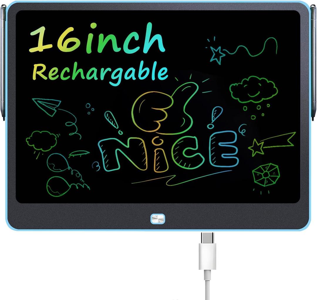 Rechargeable LCD Writing Tablet for Kids, 16 Inch Colorful Drawing Tablet, Educational Toddler Drawing Pad, Reusable Learning Toys for Kids (Ages 3-12), Ideal Gift for Christmas Birthday (Blue)