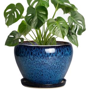 8 Inch Plant Pot - Ceramic Planter for Indoor Plants Outdoor, Round Planter with Drainage Hole and Saucer, Modern Decorative Flower Pots, Home Office Room Decor, Plant Lovers Gifts, Blue