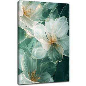 Flower Wall Decor Abstract Canvas Wall Art Poster Pictures For Living Room Green and Gold Painting Floral Framed Artwork for Walls Bedroom Bathroom Kitchen Picture Ready to Hang [12''Wx 18''H]
