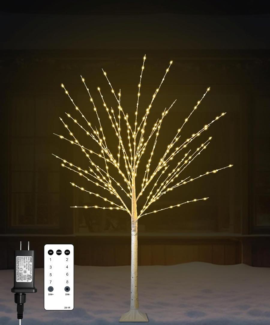 4FT Lighted Birch Tree with 400 LED Warm White Lights, 8 Modes, Timer Remote Faux Prelit Twig Christmas Tree, Light Up Trees for Indoor Outdoor Xmas Holiday Party Decoration