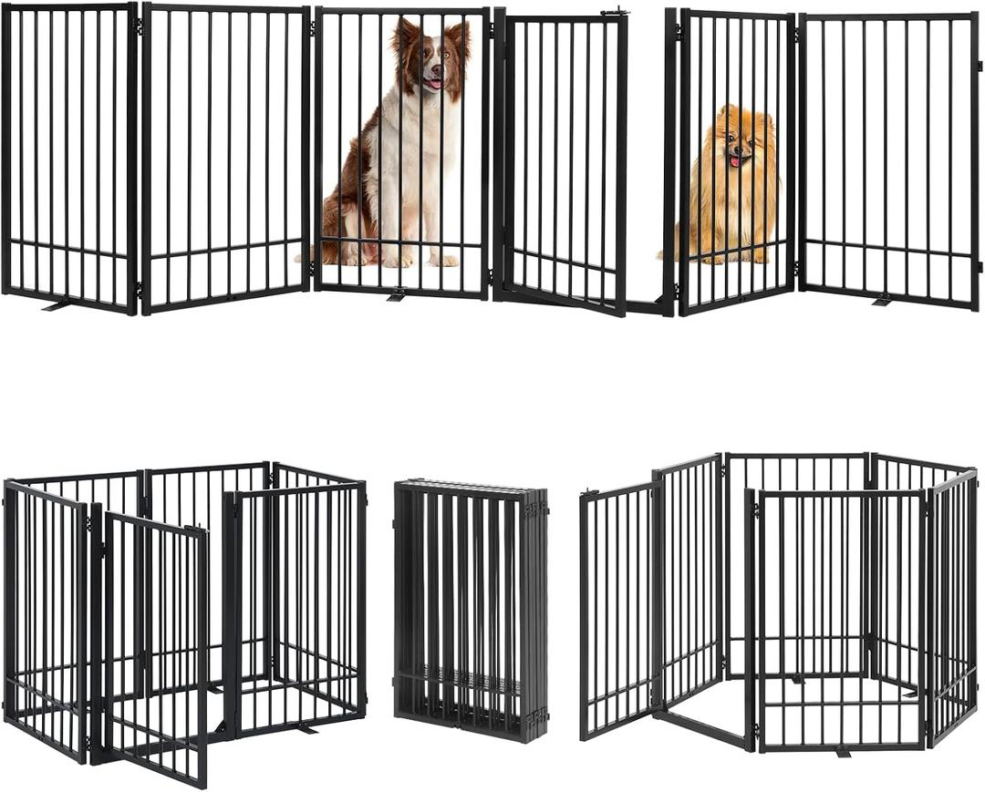 Metal Freestanding Dog Gate with Door, Extra Wide 121", 31" Height Foldable Dog Gates for Doorways, Tall Pet Fence Indoor Pet Gates, 6 Panels Pet Barrier for Stairs Hallways, Black
