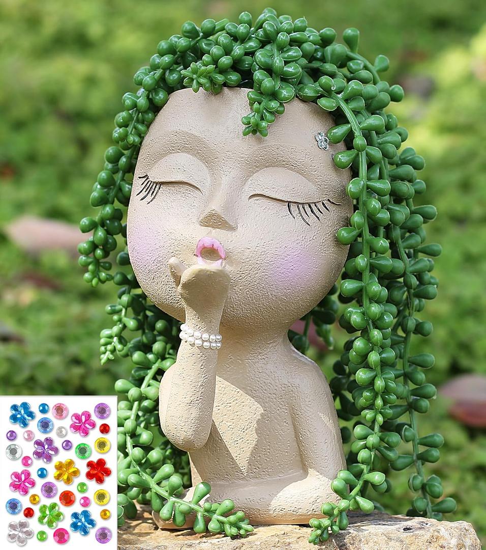 Cute Head Planter Pot/Face Planters for Indoor Plants,with Drainage Hole,Girl Face Flower Pot Lady Head Planters for Indoor Outdoor Plants,Cute Resin Succulent Planter (Khaki) (Kiss, Khaki-kiss)