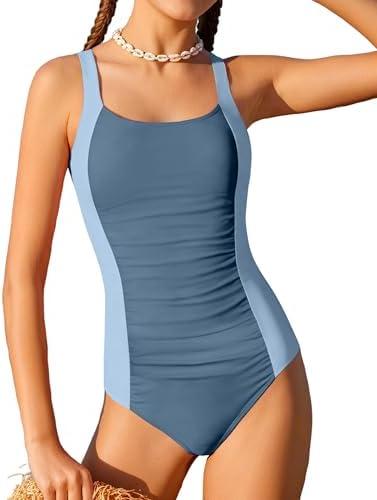 TyeSmo Girl Swimsuit One Piece Bathing Suit for Girls Solid Color Ruched Adjustable Straps Padded Swimwear 9-10Y