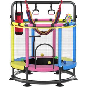 Trampoline for Kids, Full Anti-Rust 440lbs Anti-Rollover Round Bottom Toddler Trampoline, T-handrail Adjustable Baby Toddler Trampolines Dart Board