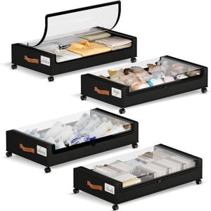 Yecaye Under Bed Storage with Wheels, 4 Pack Under the Bed Storage Containers with Lids & Label, XXL 60L Rolling Underbed Storage Drawers for Clothes, Blankets, Shoes, Black