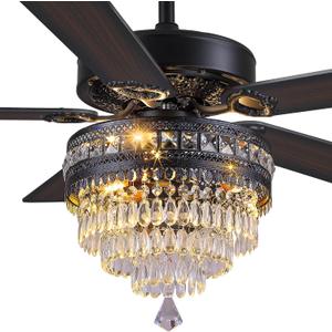 Crystal Ceiling Fan Fandelier with Lights- Retro Outdoor Fans (52" Black), 52in